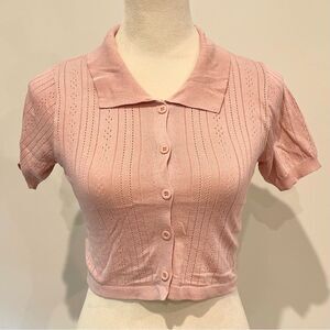 Retro Dusty Pink Collared Cropped Button Down Vintage Style Knit Blouse Top